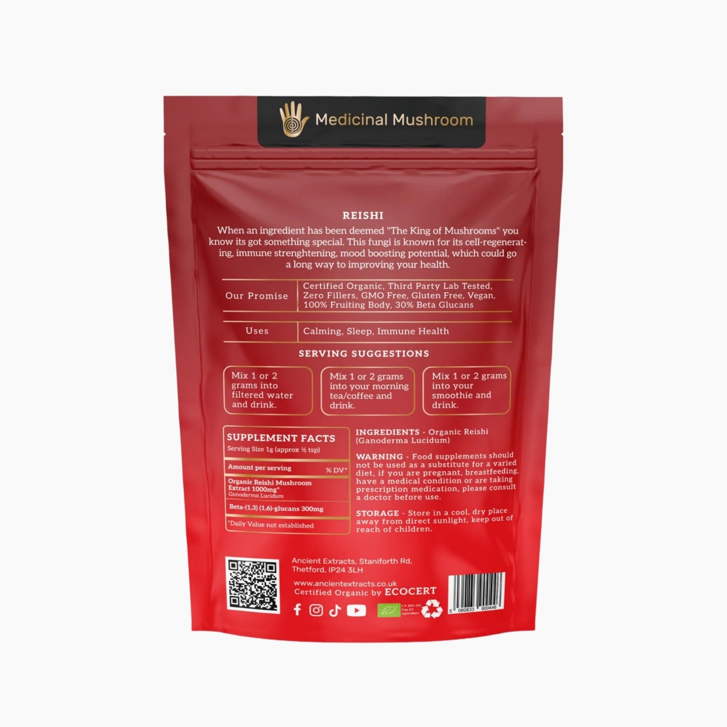 Organic Reishi Mushroom Extract Powder 30% Beta-Glucan (60g)